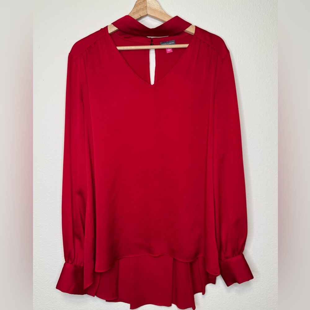 Vince Camuto Red High-Low Blouse Women’s Draped Neck, Long Sleeve, Pleated Back